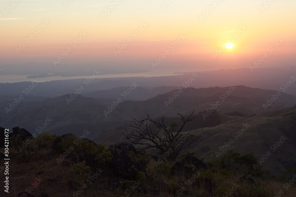 Sunset over the Guanacaste Peninsula, the Gulf of Nicoya and the Colorado Gulf from Monteverde. Costa Rica