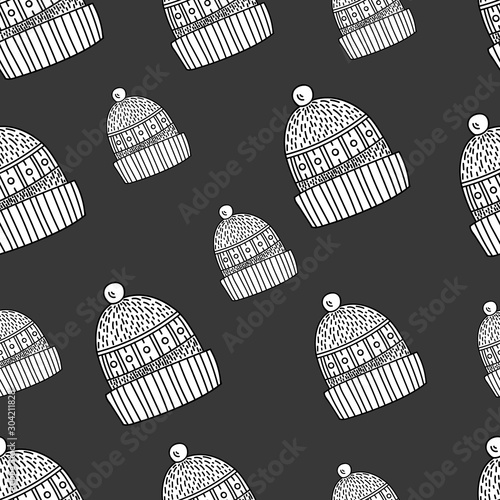 Vector seamless pattern with hats. Picture on a gray background. The picture can be used for websites, web design, postcards, ladders, wallpapers, prints, print on fabric, shop windows.