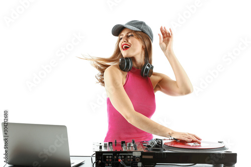 Female dj playing music on ...