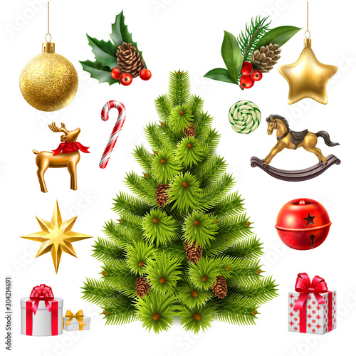 Vector realistic christmas tree with toys symbols