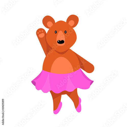 A humanized cute bear girl in pink skirt stands with her one arm raised. Vector illustration isolated on white background