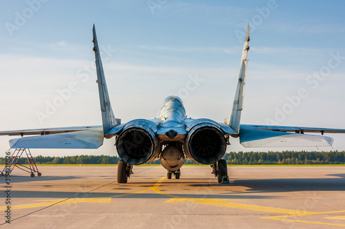 Parked jetfighter shown from the rear