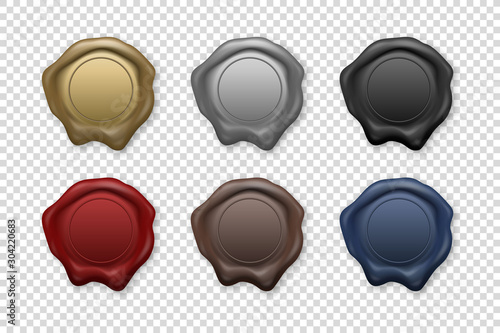 Vector 3d Realistic Vintage Retro Stamp Wax Seal Icon Set Closeup Isolated on Transparent Background. Design Template of Sealing Wax or Stamps, Labels for Certificate, Document, Letter and Envelope