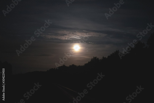 Fototapeta Naklejka Na Ścianę i Meble -  Full moon in the sky and empty road through the forest at deep night.