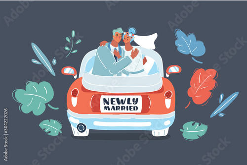 Just married couple in car.