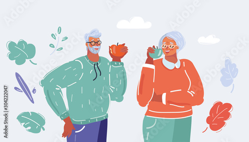 Elderly man and woman eat apples