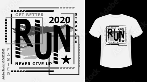 Slogan Sport run lettering monochrome print t-shirt graphics.