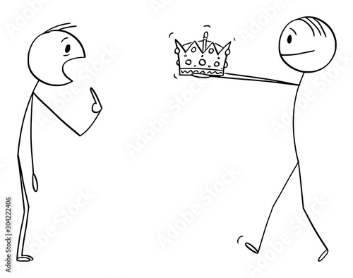 Vector cartoon stick figure drawing conceptual illustration of man giving crown of king or kingdom to unbelieving surprised man during coronation or crowning ceremony.