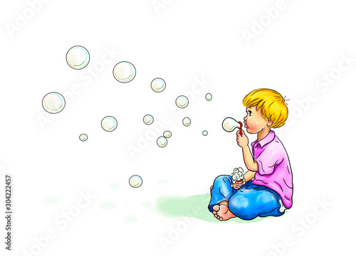 Ich liebe Seifenblasen. Bunt vor Hintergrund in weiß. Junge im Schneidersitz sitzt barfuß pustet bläst Seifenblasen Blasen fliegen durch die Luft, FlipFlops liegen vor ihm