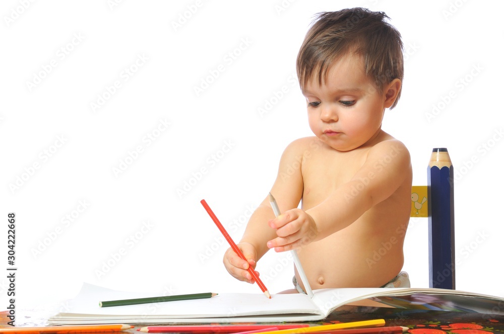 Little one year girl plays with pencils Little one year girl plays with pencils