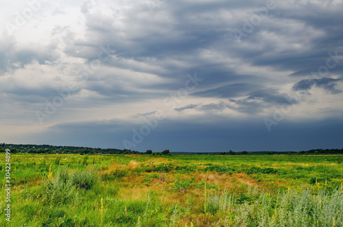 Dark rain storm clouds over the field © andrei310
