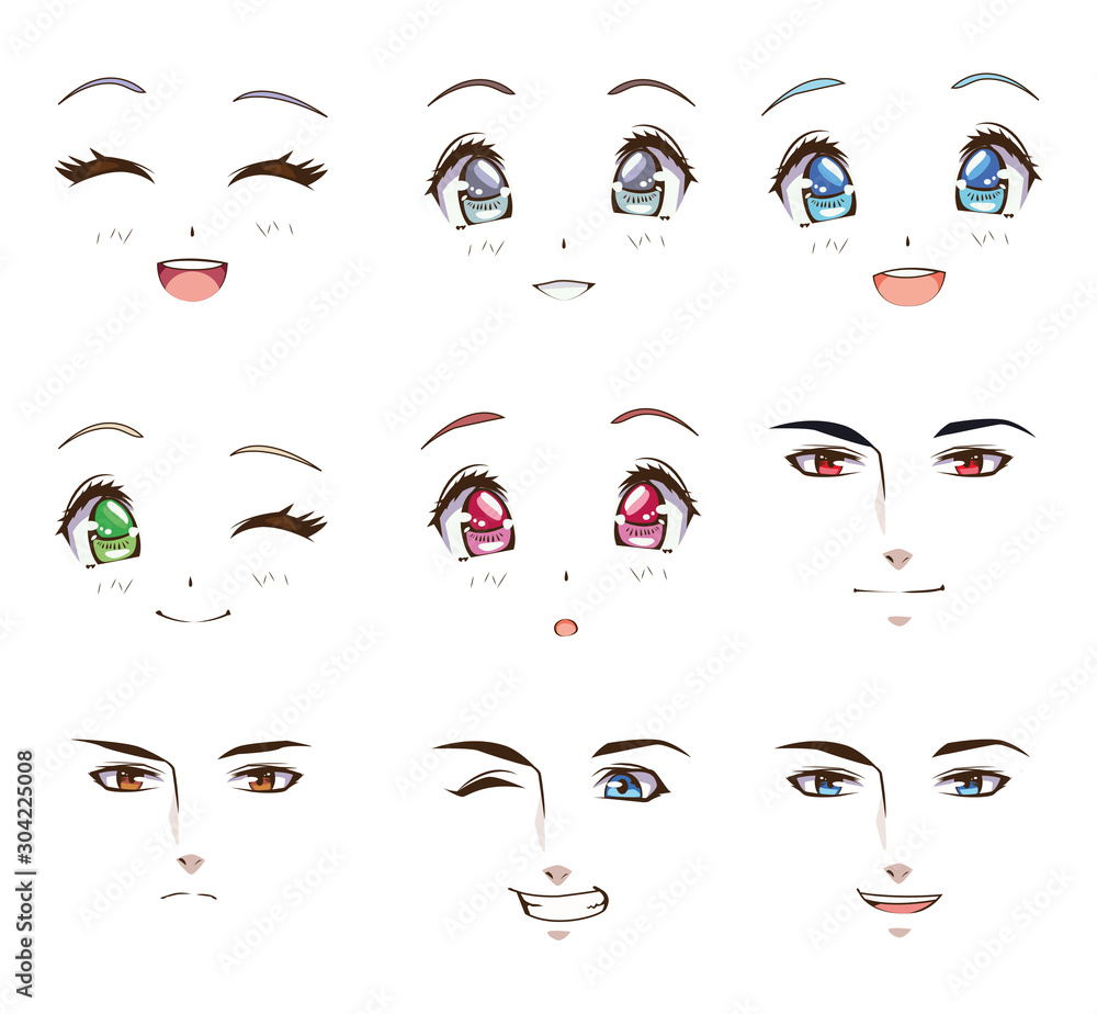 Fototapeta premium group of young people faces anime style characters