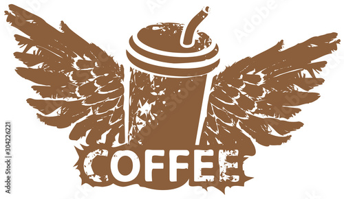 Vector image with a disposable paper coffee cup with straw and wings on a light background in grunge style. Creative abstract banner on the theme of coffee and coffee house