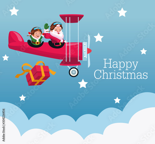 merry christmas card with santa claus and elf in airplane