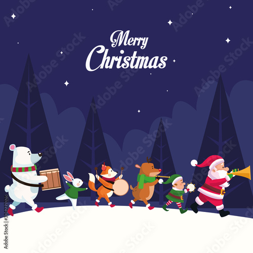 merry christmas card with characters playing instruments