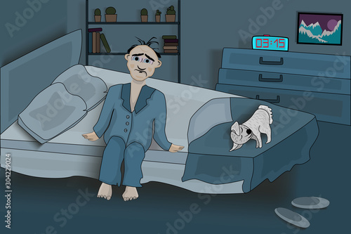 Man suffers Insomnia. Sad caucasian male mascot with insomnia symptoms. Old male sitting on a bed in the room and suffers from bad dream. Concept of insomnia, sleeplessness, sleep disorder.Vector