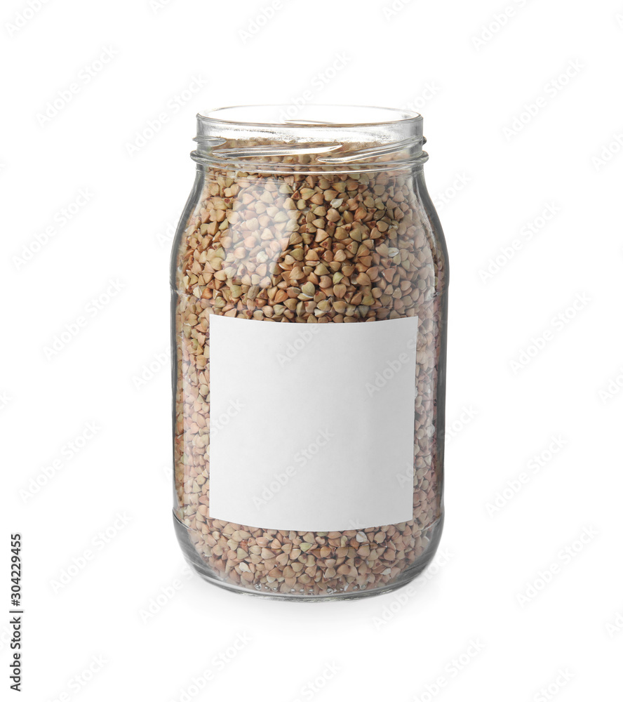 Organic green buckwheat in jar with blank label isolated on white Organic green buckwheat in jar with blank label isolated on white