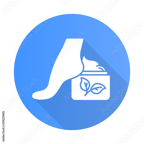 Foot cream jar blue flat design long shadow glyph icon. Moisturizing, soothing lotion. Skincare product. Footcare. Paraben free. Dry skin solution. Organic cosmetics. Vector silhouette illustration