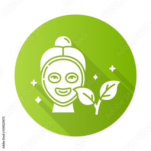 Face mask green flat design long shadow glyph icon. Skincare routine. Beauty product. Facial treatment. Moisturizing, hydrating. Cleansing, refining. Organic cosmetics. Vector silhouette illustration