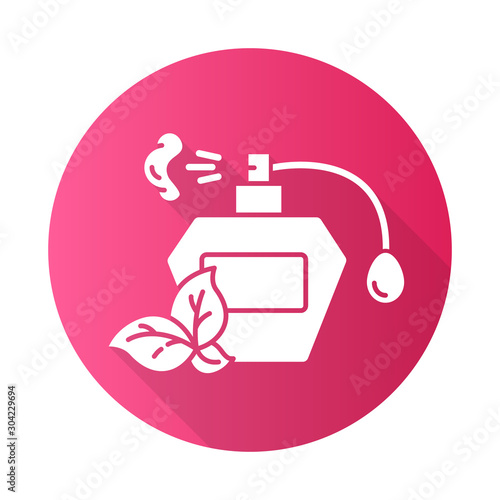 Perfume bottle pink flat design long shadow glyph icon. Paraben free natural fragrance. Personal care product. Hypoallergenic. Wild-crafted. Organic cosmetics. Vector silhouette illustration