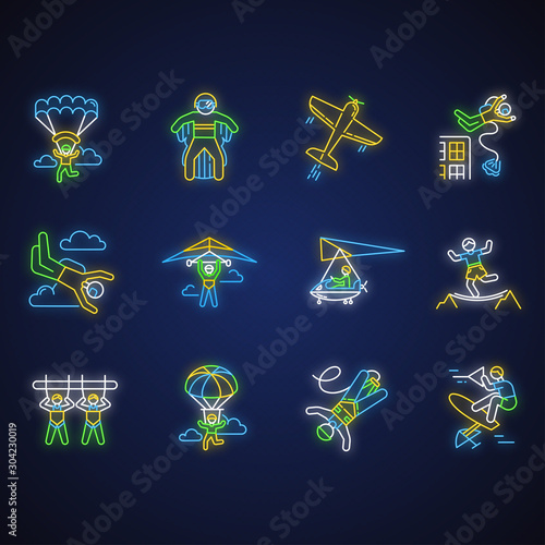 Air extreme sport neon light icons set. Skydiving, parachuting, wingsuiting. Outdoor activities. Paragliding, aerobatics and bungee jumping. Glowing signs. Vector isolated illustrations