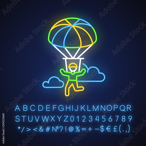 Parachuting neon light icon. Paragliding, paratrooping. Air extreme sport. Skydiving, hang gliding. Flights in sky and jumps with parachute. Glowing alphabet, numbers. Vector isolated illustration