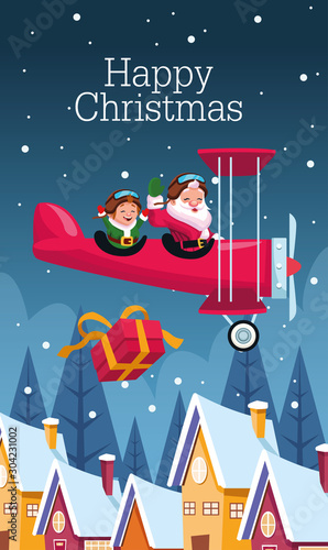 merry christmas card with santa claus and elf in airplane