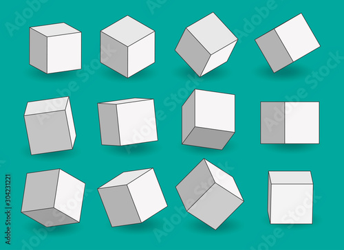Set of white vector cartoon 3d cubes. Cube outline icons in a perspective. Geometric  blocks with shadow. Vector illustration isolated on green background.