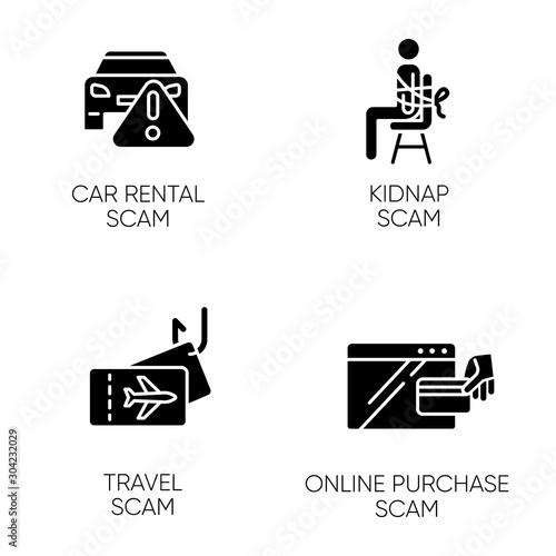 Scam types glyph icons set. Car rental, online purchase fraudulent scheme. Kidnap, travel trick. Cybercrime. Financial scamming. Illegal money gain. Silhouette symbols. Vector isolated illustration