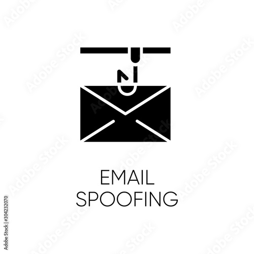 Email spoofing glyph icon. Illegitimate business. Forged sender. Online scam. Spamming. Fake email header. Mail phishing. Cybercrime. Silhouette symbol. Negative space. Vector isolated illustration