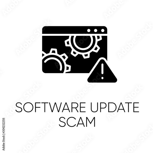Software update scam glyph icon. Fake system, program upgrade. Malware. Deceptive pop-up ad. Financial fraud. Fraudulent scheme. Silhouette symbol. Negative space. Vector isolated illustration