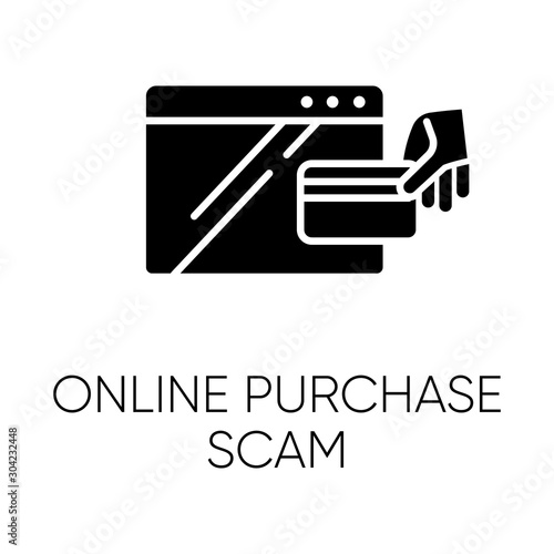 Online purchase scam glyph icon. Internet shopping scheme. Fake retailer website. Cybercrime. Phishing. Consumer fraud. Silhouette symbol. Negative space. Vector isolated illustration