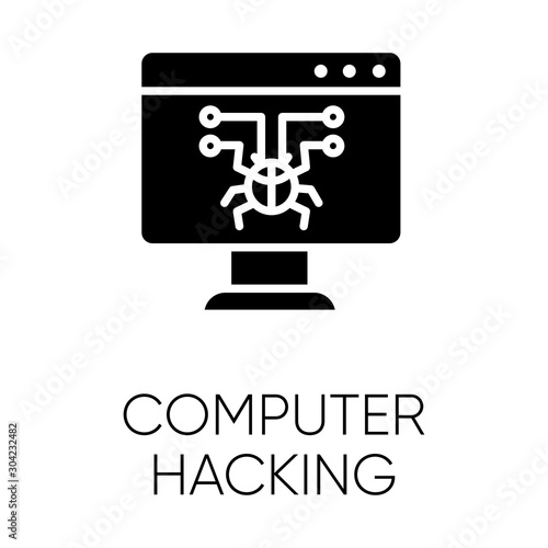 Computer hacking glyph icon. Illegal access gain. Security breach. Malware, ransomware. Phishing, cybercrime. Fraudulent scheme. Silhouette symbol. Negative space. Vector isolated illustration