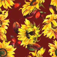 Wandcirkels Bordeaux patronen Aquarel zonnebloemen botanisch patroon  © Maya