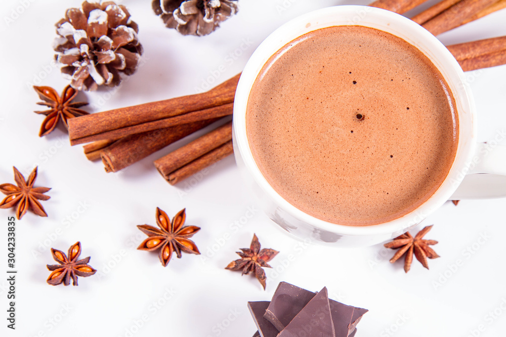 Cup of hot chocolate with cinnamon, anise stars, pieces of dark chocolate and some cones Cup of hot chocolate with cinnamon, anise stars, pieces of dark chocolate and some cones