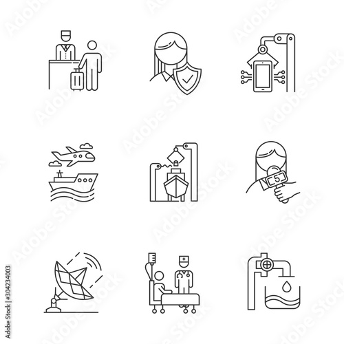 Industry types linear icons set. Life insurance. Hospitality industry. Electronics. Media. Healthcare. Steel industry. Thin line contour symbols. Isolated vector outline illustrations. Editable stroke