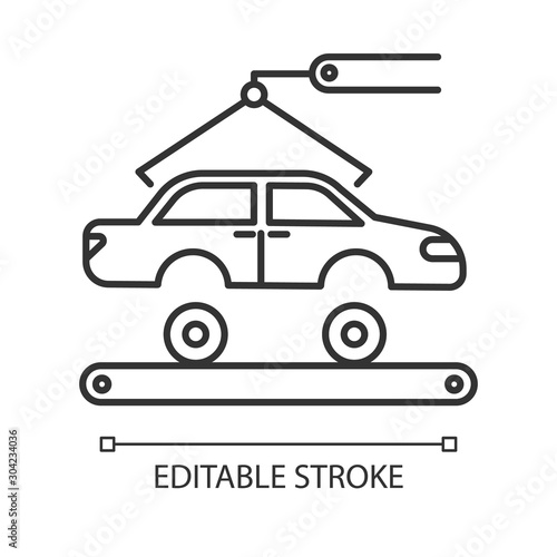 Automotive industry linear icon. Car production. Vehicle factory. Automobile repair. Machinery, maintenance. Thin line illustration. Contour symbol. Vector isolated outline drawing. Editable stroke