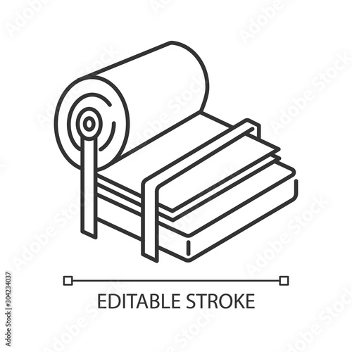 Pulp and paper industry linear icon. Canvas production. Blank sheet on press. Facility machinery. Papermaking. Thin line illustration. Contour symbol. Vector isolated outline drawing. Editable stroke