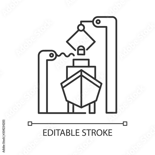 Shipbuilding industry linear icon. Ship fixing and repairing. Nautical vehicle technical construction. Thin line illustration. Contour symbol. Vector isolated outline drawing. Editable stroke
