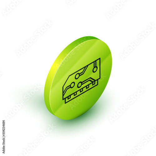 Isometric line RAM, random access memory icon isolated on white background. Green circle button. Vector Illustration
