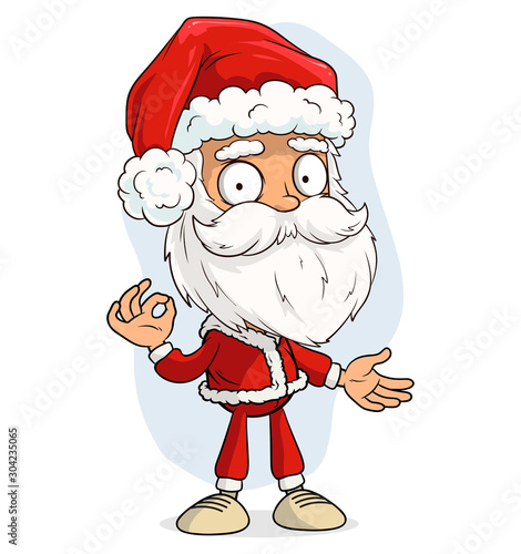 Cartoon cute funny bearded Santa Claus in red costume and cap showing okey gesture. Layered vector for animations. Isolated on white background. New Year and Christmas vector icon.