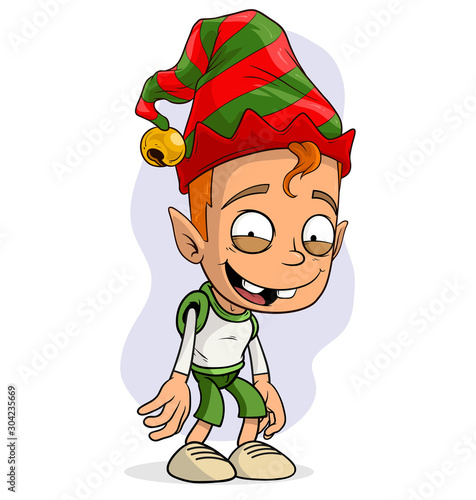 Cartoon cute funny tired smiling crazy Santa Claus christmas elf in red costume and cap. Layered vector for animations. Isolated on white background. New Year and Christmas vector icon.