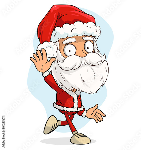 Cartoon cute funny bearded running Santa Claus in red costume and cap showing goodbye sign. Layered vector for animations. Isolated on white background. New Year and Christmas vector icon.