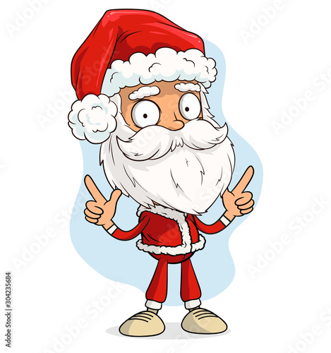 Cartoon cute funny bearded Santa Claus in red costume and cap showing forefingers up sign. Layered vector for animations. Isolated on white background. New Year and Christmas vector icon.