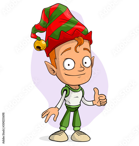 Cartoon cute funny smiling Santa Claus christmas elf in red costume and cap showing thumbs up sign. Layered vector for animations. Isolated on white background. New Year and Christmas vector icon.