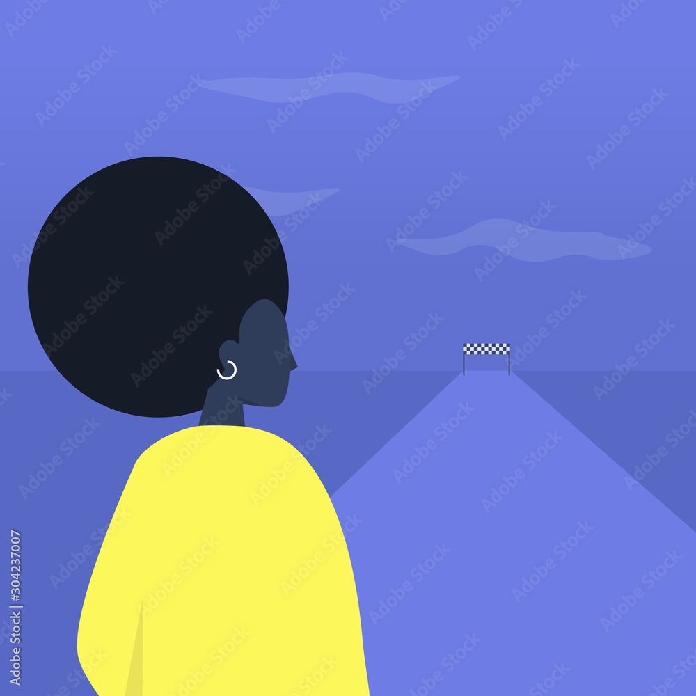 Black and white checkered flag on the horizon, Aim, Target, Mission,  Perspective, Young black female character on a finish line achieving a goal  Stock Vector | Adobe Stock