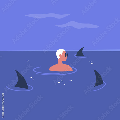 Young male character surrounded by shark fins swimming in the ocean, risk and stress in modern life