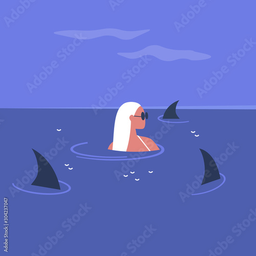 Young female character surrounded by shark fins swimming in the ocean, risk and stress in modern life