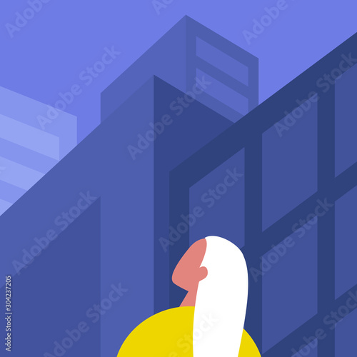 Modern cityscape, Young female character looking at the architecture of city downtown, skyscrapers and office buildings