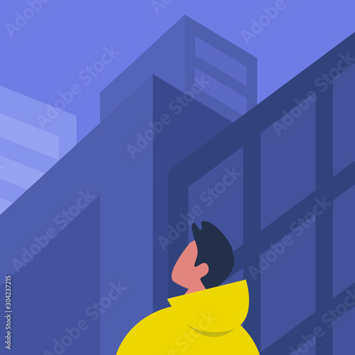 Modern cityscape, Young male character looking at the architecture of city downtown, skyscrapers and office buildings
